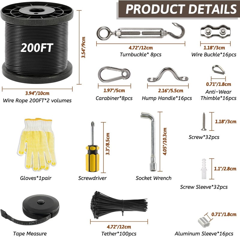 GUATTINE 400 Ft String Light Hanging Kit Outdoor, Nylon Coated Stainless Steel 304 Wire Rope, String Light Kit Included Enough Accessories, Guide Wire for Outdoor String Lights, Patio Lights, Camping Lights - Image 2